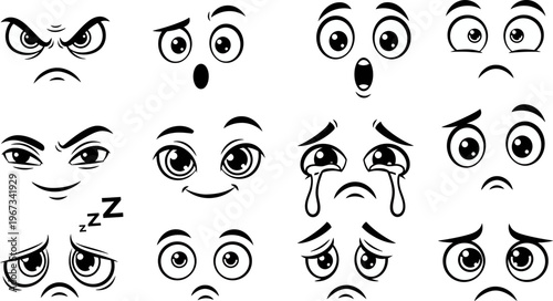 Collection of cartoon faces with different emotions and expressions on white background