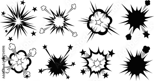 comic book explosion effects with stars and smoke  various cartoon crash and bang illustrations