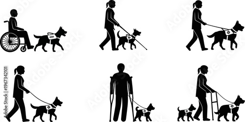 Black silhouettes of people with guide dogs and mobility assistance in various actions