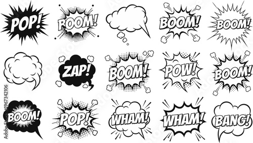 Comic book speech bubbles and sound effects on white background