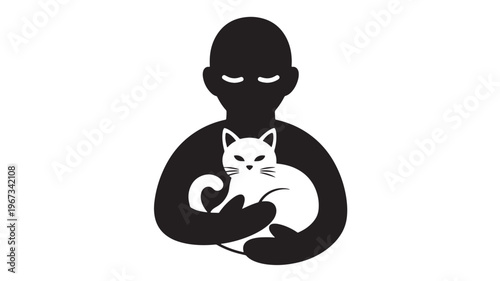 Cat resting in the arms of a stylized silhouette of a person with closed eyes, graphic black and white illustration.