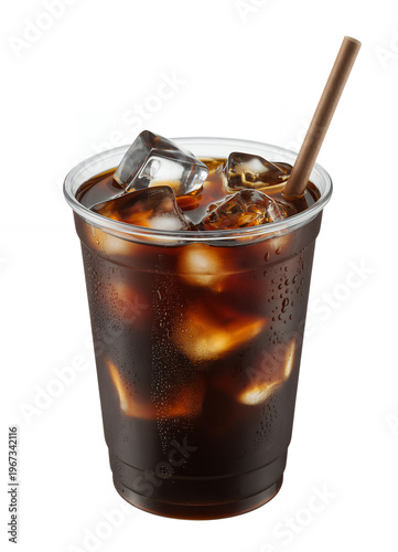Iced cola in a clear plastic cup with a straw drink cold beverage