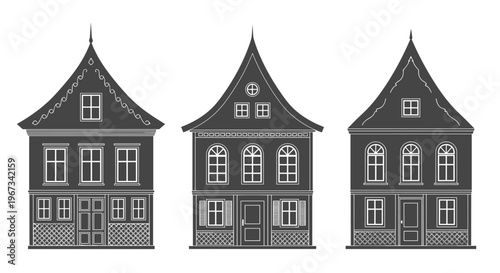 Illustration of three distinct European style townhouse facades with intricate details