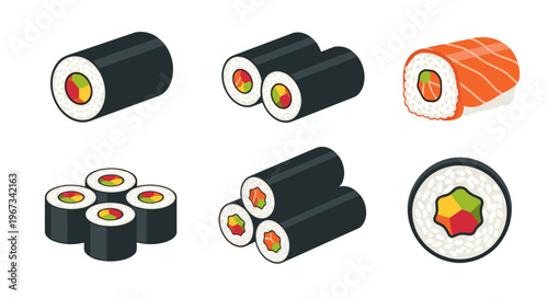 Vibrant Sushi Set Illustration: Variety of Rolls Minimalist Design Isolated Background