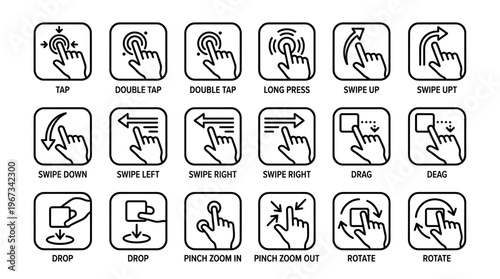 Essential set of minimalist outline icons showcasing common touchscreen gestures for intuitive mobile and tablet user interface design and interaction concepts