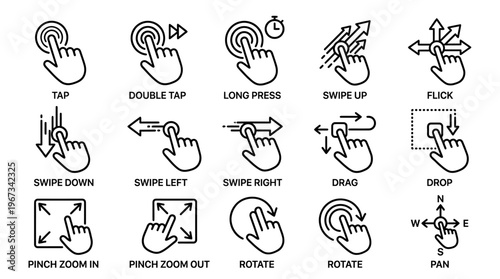 Essential vector outline icons illustrating common finger gestures for modern touchscreen devices, perfect for enhancing user interface and intuitive interaction design concepts
