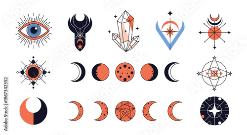 A set of vector icons depicting cosmic and mystical symbols and celestial elements