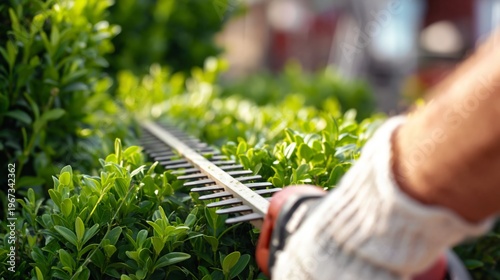 Gardener Trims Green Bushes in Sunny Backyard During Afternoon Work Session