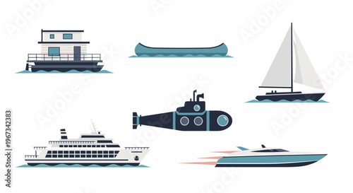 Collection of various stylized watercraft and submarine with sailing boat illustration