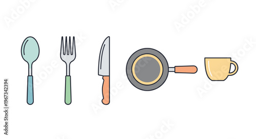 Minimalist kitchen utensils and cookware illustration with simple clean design