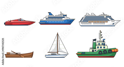 Collection of various ship and boat illustrations for transport and travel concepts