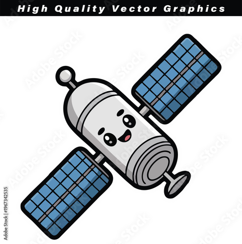 Satellite cartoon character with a cheerful facial expression and large solar panels extends its arms, floating playfully in a vast, imaginary space, designed for educational or whimsical.
