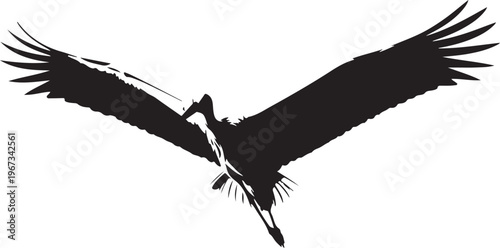 Black silhouette of bird in flight with spread wings
