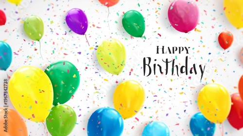 Colorful Balloons and Confetti Celebrate a Birthday Party With a Cheerful Mes...
