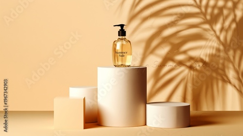 Bottle of Summer Sale Product on Display With Geometric Shapes and Palm Shado...