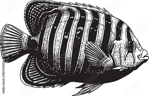 Elegant striped angelfish swimming in the ocean depths sketch vector illustration