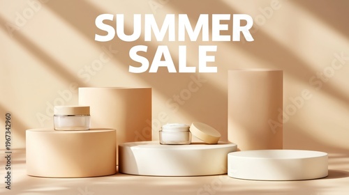 Summer Sale Display With Skin Care Products and Decorative Shapes in Light Ba...