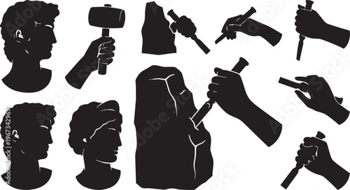 Black vector illustration of a profile silhouette of a woman with long hair holding a gun as a shadow person