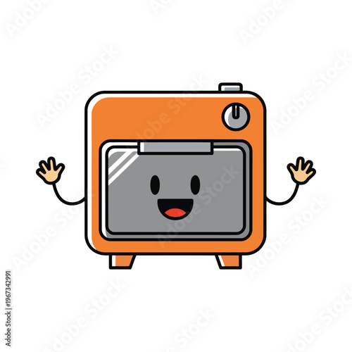 Wicked oven with a slice of burnt toast, kitchen appliance with a sly expression, white background