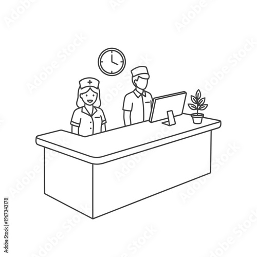 Medical reception desk with nurse and doctor vector illustration