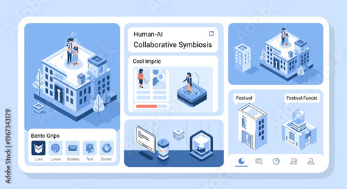 A minimalist design concept for an app, featuring a blue and white color scheme with a bento box and location pin icons.