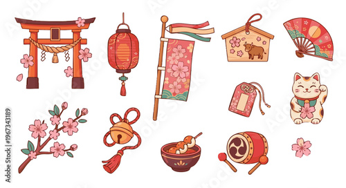 Collection of Traditional Japanese Cultural Icons and Spring Festival Symbols