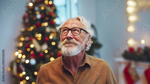 Man Looks up at Christmas Tree With Lights and Decorations in Cozy Room Durin...