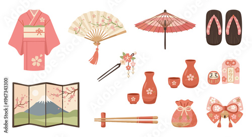 Japanese Cultural Symbol Set with Kimono and Mount Fuji Screen Decoration