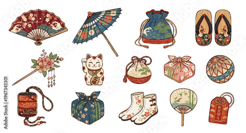 Decorative Japanese Clothing Accessories and Cultural Symbols for Springtime