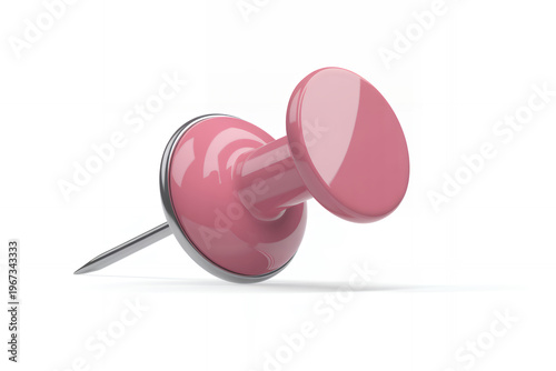 Pink push pin with shiny surface on white background thumbtack metal