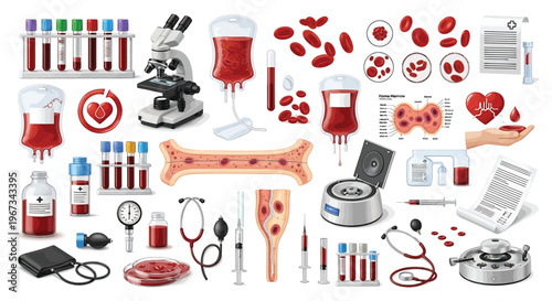 Blood sample and medical equipment icons.
