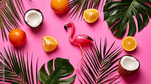Colorful Tropical Scene With Fruit, Plants, and a Flamingo Decoration on Pink...