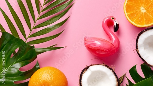 Colorful Tropical Scene With Fruit, Plants, and a Flamingo Decoration on Pink...