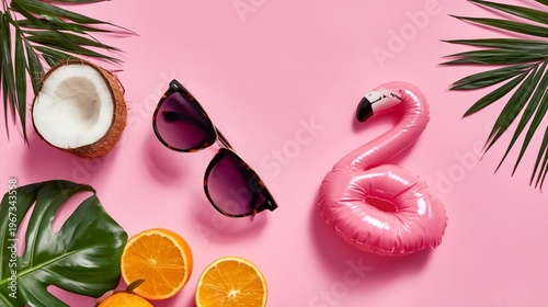 Flamingo Float and Fruit on Bright Background for Summer Fun and Relaxation