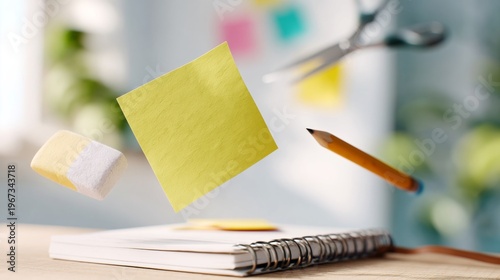 Sticky Notes and Writing Tools Float Above a Notebook on a Wooden Desk in a B...