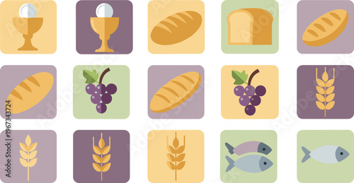 Christian communion symbols collection bread wine chalice wheat grapes fish religious icons vector illustration set