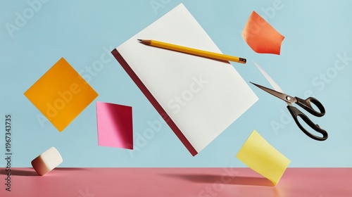 Stationery on a Flat Surface With Colorful Notes, a Notebook, and Scissors in...
