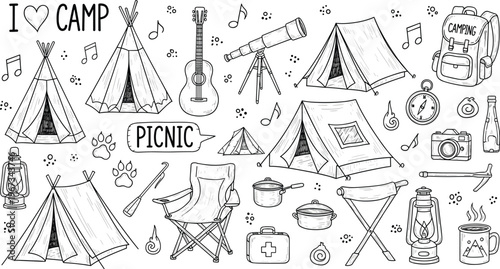 Hand drawn vintage camping and picnic vector icon set with tents, guitar, telescope, campfire equipment, and outdoor adventure gear