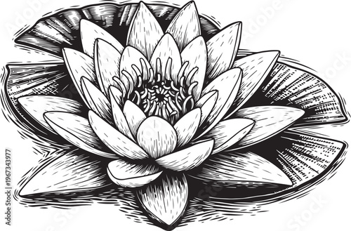 Elegant black and white sketch of a blooming water lily on a pond surface sketch vector illustration