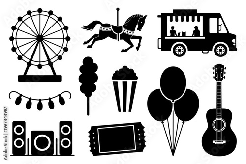 A set of black silhouettes depicting various carnival and music icons on transparent background