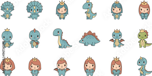 Cute baby dinosaur princess characters collection cartoon dino kids with crowns fantasy vector illustration set