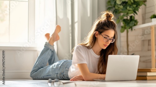 Young Woman Works on Laptop in Bright Room During Day Near Window