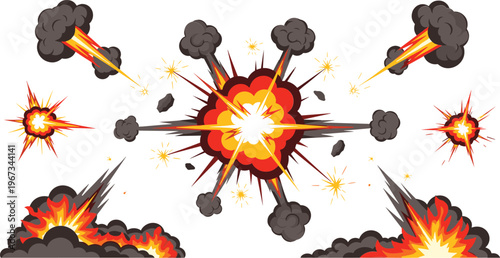 Explosion effects collection cartoon fire blast smoke bomb detonation sparks comic style dynamic vector illustration set