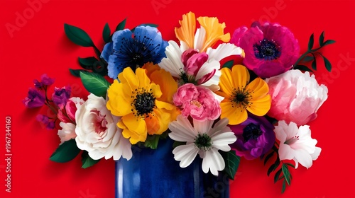 Bright Flowers Arranged in a Blue Vase on a Red Background During Daytime