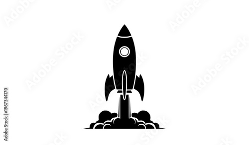 Black rocket ship silhouette with circular window and flame exhaust minimalist space launch vector icon