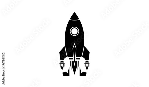 Minimal rocket spaceship silhouette with circular porthole and flame plume space exploration vector icon