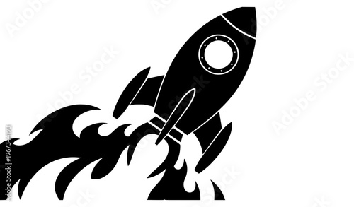 Stylized rocket launch silhouette with round window and dynamic flame exhaust space travel vector illustration