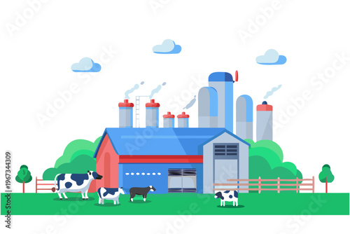 Industrial farm scene with factory cows and rural landscape elements
