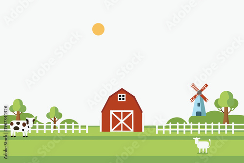 A charming rural landscape featuring a farm windmill and grazing animals