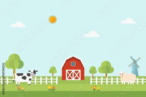 A cheerful farm scene with a red barn cow sheep and windmill